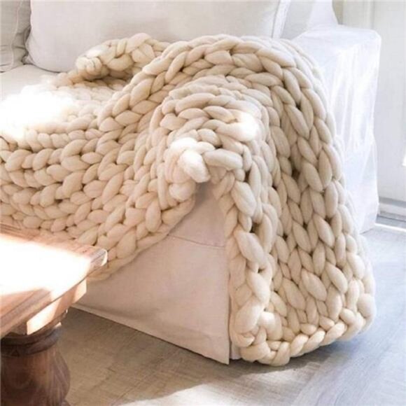 Chunky Knit Blanket Hand Made Merino Wool Throw Boho (Ivory White 40"x60") - Picture 7 of 8
